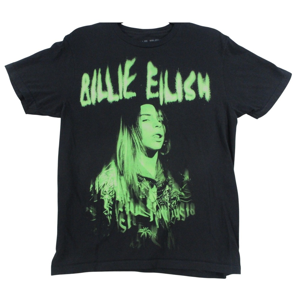 Billie Eilish Graphic T-Shirt Womens Large Black Neon Green Portrait Tee‎